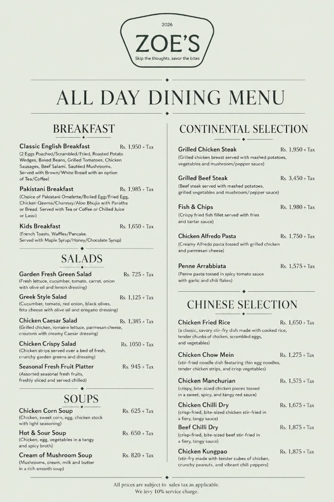 Zoe's All Day Dining Menu